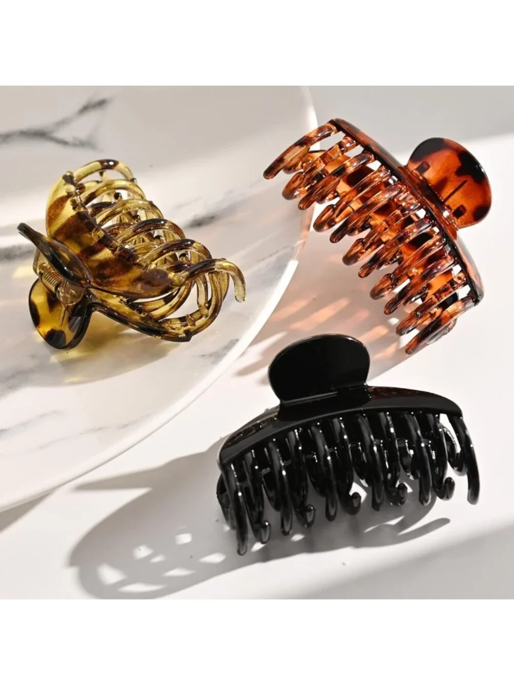 3 PCS Tortoise Shell Hair Claw Clips - Double Row Teeth Jaw Barrettes for All